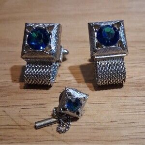 Vintage Swank Silver-Tone w/ Blue Stone Cuff Links & Tie Tack Set Signed